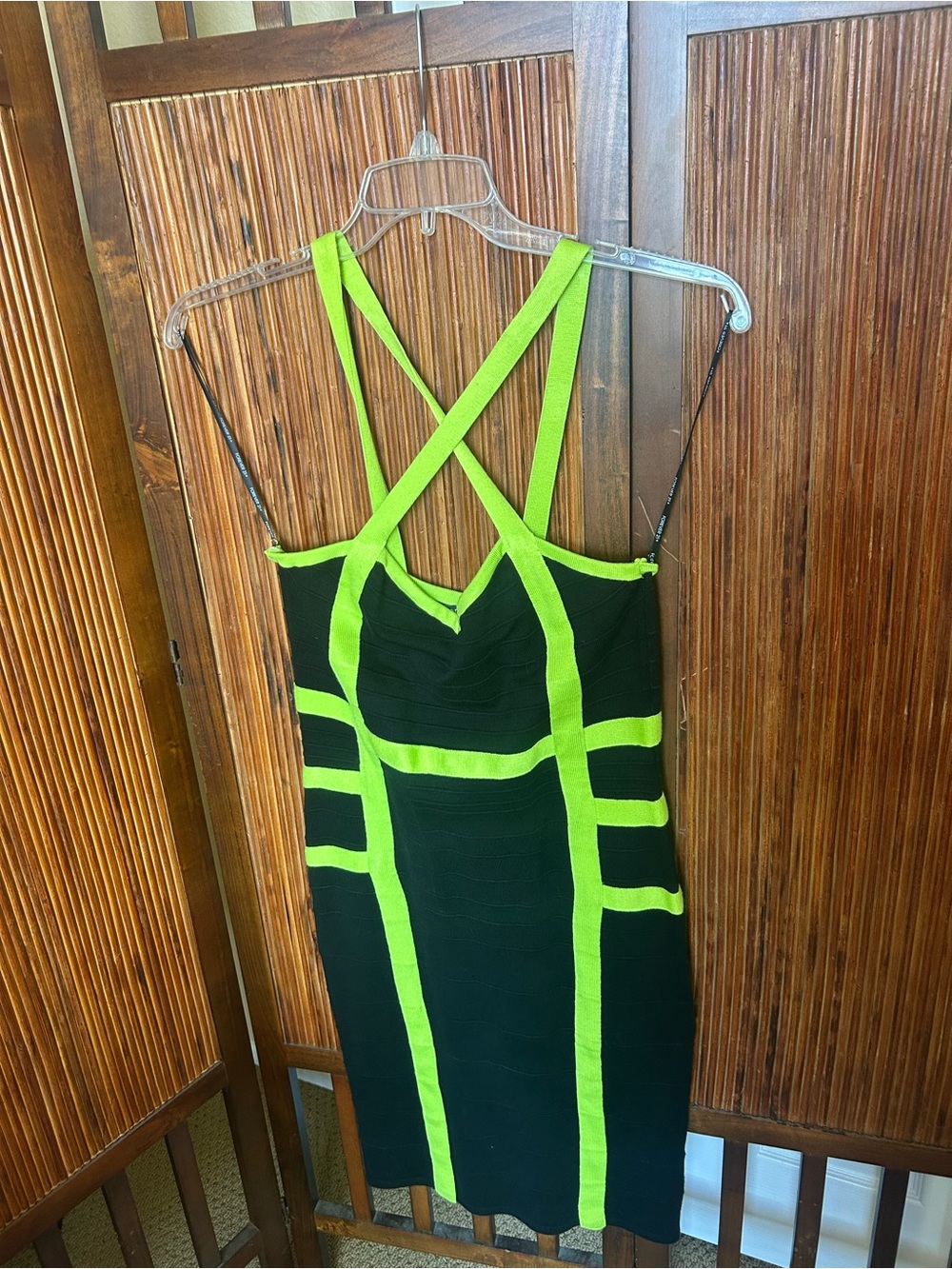 NWT 1X Forever 21 Black and Neon Lime Strappy Bandage Dress